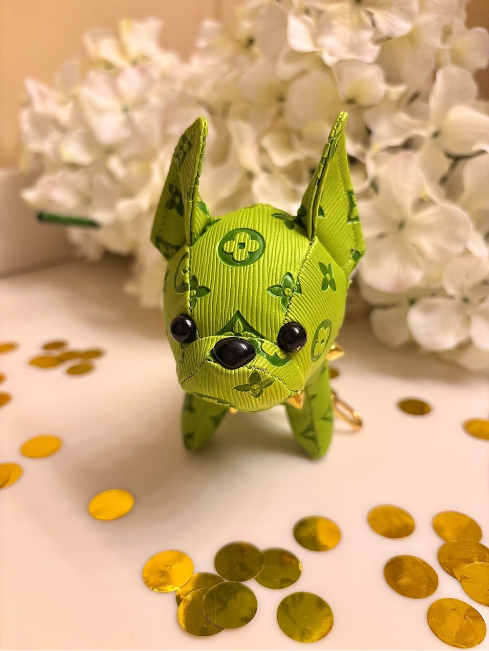 Bag Charm/Keychain adorable neon green Frenchie dog with gold tone accents! New